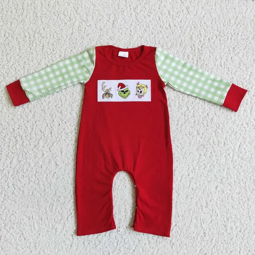Baby Red & Green Christmas 'Grinch' Embroidered Panel Long Sleeve Romper 6-12M